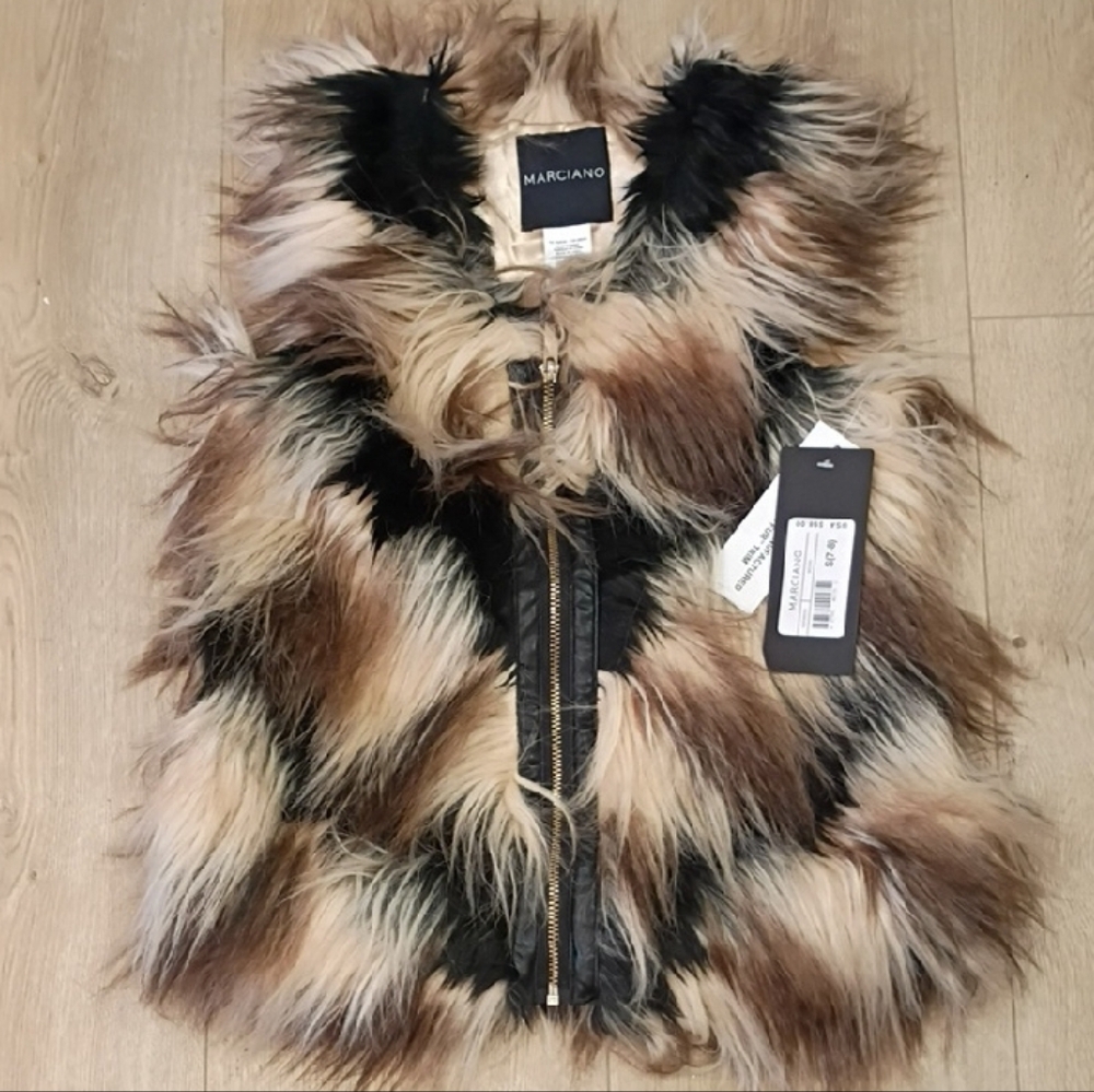 NWT Marciano Kids S(7/8) Faux Fur Shaggy Cropped Jacket in Brown, Tan, and Black